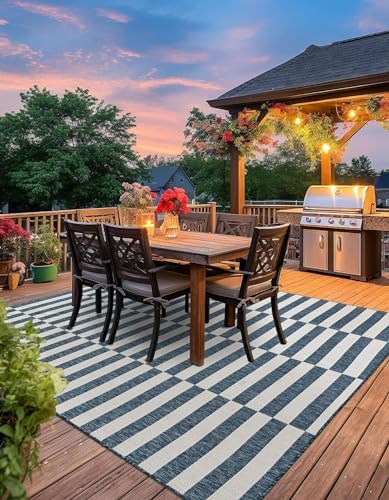Unique Loom Outdoor Striped Collection Area Rug - Striped (7' 10" Square Blue/Ivory) - Image 6
