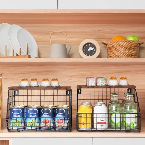 Mefirt Fruit Basket, Stackable Wall Mounted Fruit Baskets, Potato Baskets Onion Storage for Kitchen, Hanging Wire Basket with Wood Lid, 2-Tier Vegetable Organizer Kitchen Countertop Organization - Image 3
