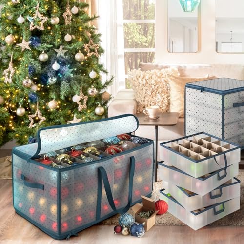 Hearth & Harbor Large Christmas Ornament Storage Box With Adjustable Dividers - Plastic Ornament Storage Container For 128 Holiday Ornaments or Decorations - Image 6