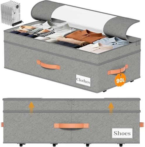 TOSKING 2-Pack Under Bed Storage Drawers with Wheels, 6 Vacuum Bags, Adjustable Height 7.9-10.2", Large 90L/80 lbs Clear Lid, 900D Oxford, Space Saver for Dorm Bedroom, Blankets, Clothes, Shoes, Gray by TOSKINGESSENCE