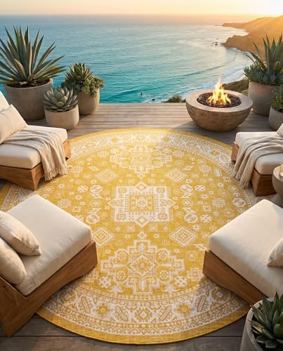 Rugs.com - Outdoor Aztec Rug – 10 Ft Round Yellow Washable Indoor/Outdoor Rug – Flatweave Tribal Design for Patios, Decks, and Porches - Image 7