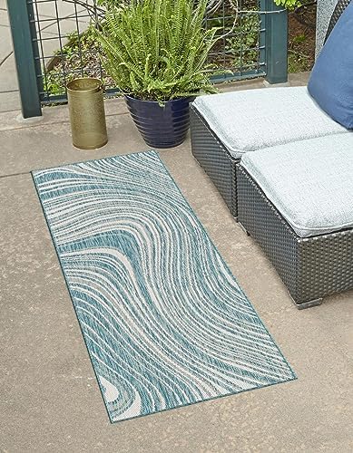 Unique Loom Outdoor Modern Collection Area Rug - Pool (2' x 6' 1" Runner, Light Aqua/ Blue) - Image 2