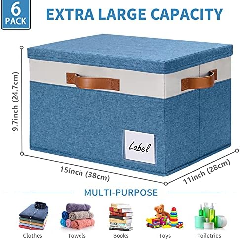 GhvyenntteS Fabric Storage Bins with Lid 6 Pack, Large Decorative Storage Boxes with Lids and Handles, Foldable Fabric Storage Baskets with Lid and Label for Home Office (Blue, 15" x 11" x 9.7") - Image 3