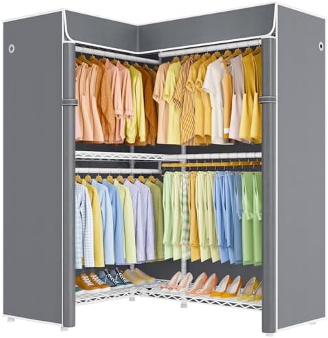 ULIFHOME E15C Garment Rack L Shaped Clothes Rack for Corner，Freestanding Clothing Racks for Hanging Clothes，Heavy Duty Closet Organizer 43.4"W x 15.8"D x 78.4"H，White Rack with Grey Dustproof Cover by UlifHome