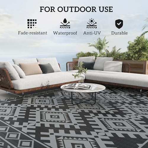 Outsunny Outdoor Rug for Patio Waterproof 9' x 18' Black & Gray Rhombus - Image 6