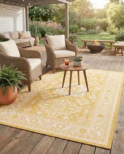 Rugs.com - Outdoor Aztec Rug – 6' 1 x 9' Yellow Indoor/Outdoor Rug – Weather-Resistant Flatweave for Patios, Decks, and Porches by Rugscom