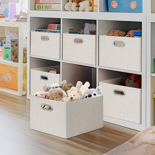 Posprica Closet Storage Bins, 4 Pack Closet Shelf Organizers, Linen Fabric Decorative Storage Baskets for Organizing, Foldable Storage Box for Clothes, 15x10.5x8.25 Inch (Beige) - Image 4