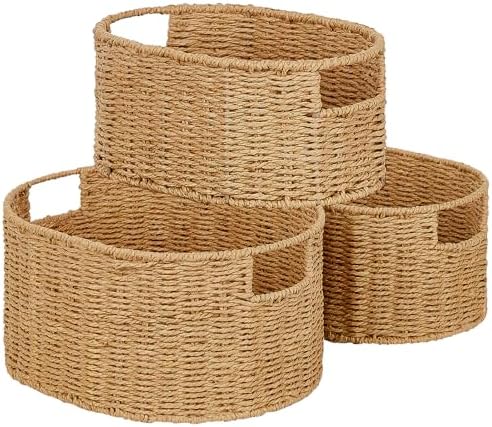 Vagusicc Wicker Storage Basket, Set of 3 Hand-woven Storage Baskets for Organizing, Round Large Wicker Baskets for Storage Decor, Pantry Storage Cubes Organization Baskets for Shelves, Natural by Vagusicc