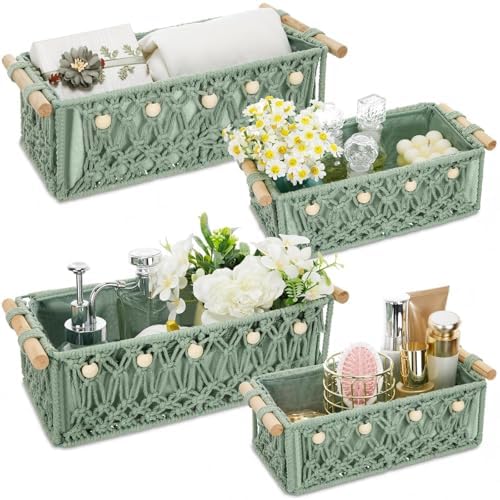 Vesici 4 Pcs Sage Green Macrame Storage Baskets Shelves 13" 11" Wood Handle by Vesici