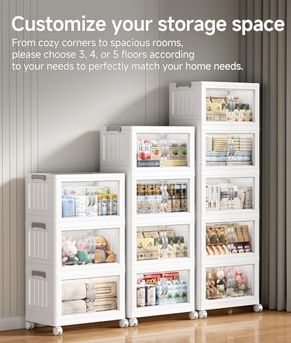 Hanyi 175 QT Stackable Storage Bins with Lids, 5 Tier Collapsible Plastic Storage Cabinet with Magnetic Doors, Removable Top Lid, Locking Wheels, Closet Organizer for Bedroom, Pantry, Office - Image 3
