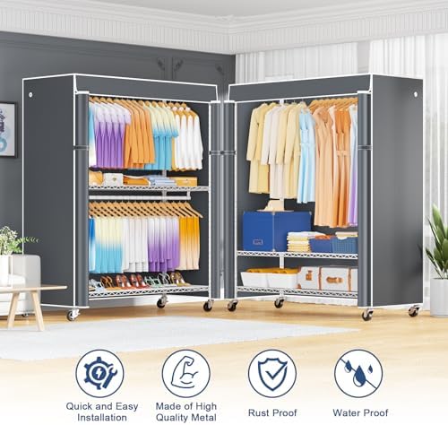 ULIFHOME P8C Max Heavy Duty Clothes Rack（With Extended Width Design） Rolling Clothing Racks for Hanging Clothes with Lockable Wheels，51.2" W x 15.8" D x 80.5" H，Load 800LBS，White Rack with Grey Cover - Image 4