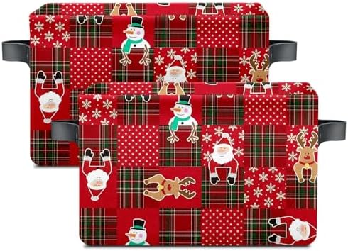 Christmas Baskets,Christmas Red Grid Elk Snowman Foldable Storage Bins with Handles, Decorative Cloth Organizer Storage Boxes 2 2piece - Image 2