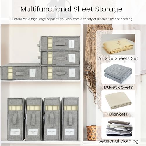 Simple&Opulence 4 Pack Bed Sheet Organizers and Storage, Linen Closet Organizers, Sheets Set Folder Storages with Window and Label (Queen/King Size) Organizing Bedding Container, Grey - Image 3