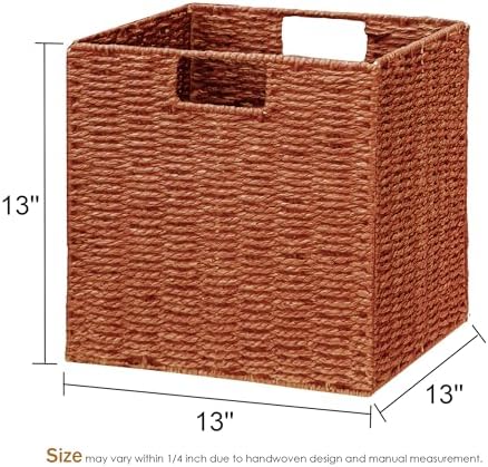 Vagusicc Wicker Storage Basket, Set of 2 Hand-Woven Paper Rope Wicker Basket, Foldable Cube Storage Bins, Square Large Storage Baskets for Organizing Shelves & Decor, Orange (13″×13″×13″) - Image 3