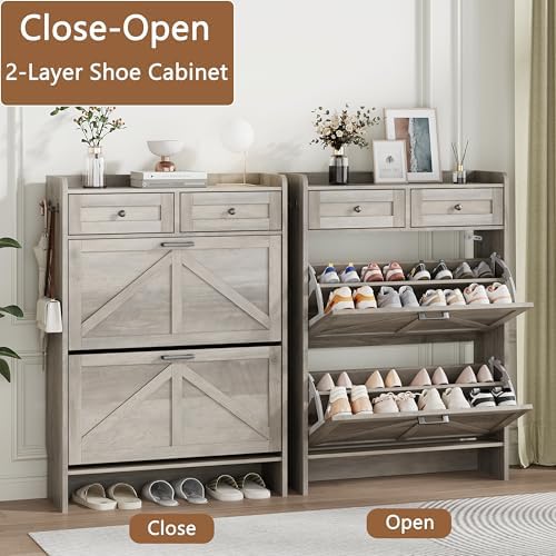 Shoe Cabinet with 2 Flip Drawers & 2 Top Drawers, 43" Tall Freestanding Narrow Wooden Shoe Storage Organizer for Entryway, Hidden Slim Shoe Rack for Front Door Entrance, Hallway, Living Room, Grey - Image 4