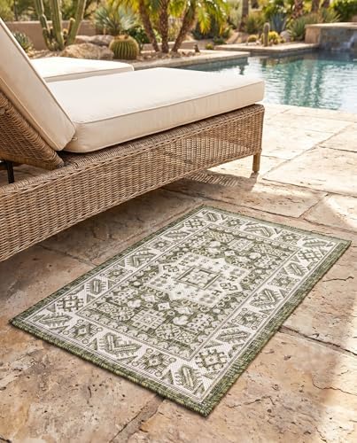 Rugs.com - Outdoor Aztec Rug – 2' x 3' 1 Green Indoor/Outdoor Rug – Washable, Stain-Resistant for Patios, Porches, and Entryways - Image 5