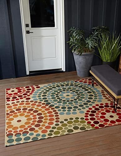 Unique Loom Outdoor Modern Collection Area Rug - Spark (10' Square, Beige/ Burgundy) by UniqueLoom