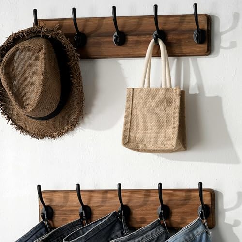 SKOLOO Rustic Coat Rack Wall Mount, 5 Hooks, 17 Inch, Solid Wood, Brown - Image 2