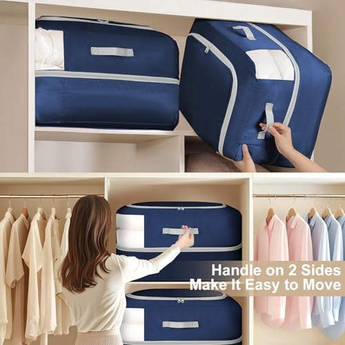 Comforter Storage Bag - 110L Large Capacity Blanket Storage Bags Ultra Space Saving Self Compression Organizer, Washable Compression Bags for Storage Comforter Blanket, 6-Pack, Navy Blue - Image 5