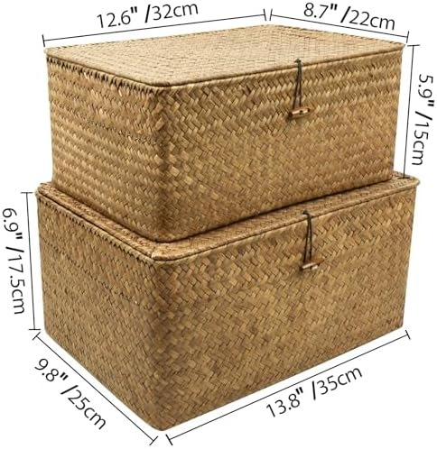 2-Pack Wicker Storage Baskets with Lid, Coffee Large & X-Large Rectangular Sea Grass Baskets - Image 2