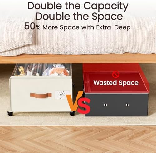 Yecaye 95L Under Bed Storage Containers, Fits 11" Under Bed, 2 Pack, Beige - Image 4
