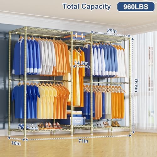 Ulif E12 Pro Clothes Rack，Heavy Duty Freestanding Garment Rack with Shelves，Metal Clothing Closet Storage System for Hanging Clothes，71" W x 16" D x 76.5" H, Hold 960 lbs，Gold - Image 2