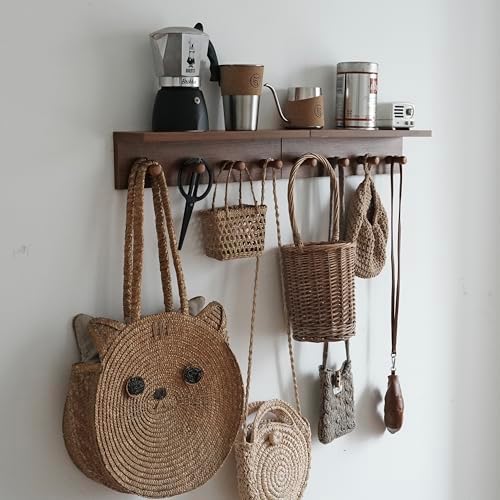 Wall Mounted Coat Rack with Shelf, 2 Pack Rustic Brown Floating Shelf with 8 Hooks, Heavy Duty Entryway Organizer for Hanging Coats, Bags, Hats, Towels - Ideal for Entryway—Teak Color Veneer by XAOHOME