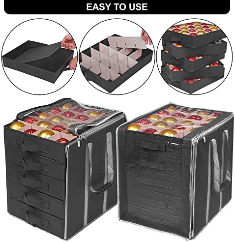 ProPik Christmas Ornament Storage Boxes with Dividers - 5 Separate Trays - Ornament Holder - Keeps 100 Holiday Ornaments - Durable Carrying Bag Handles Organizer Storage Box (Black) - Image 3
