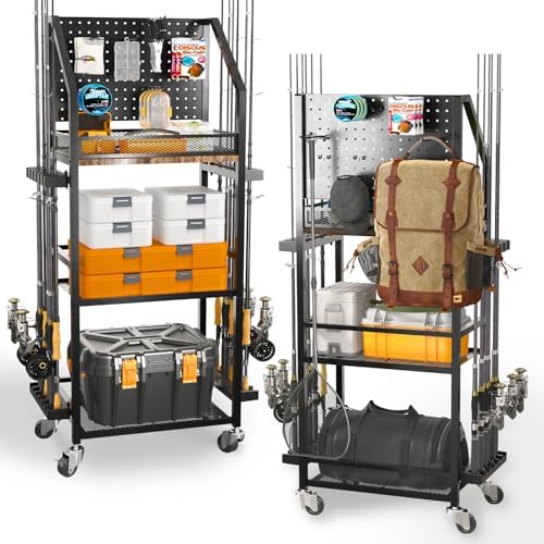 SOYEEZE Fishing Rod Holders for Garage, Fishing Pole Holders Up to 12 Rods with Pegboard and Hooks,Rolling Fishing Cart with Wheels, Fishing Gear Storage For Tackle Box & Reel Organization- 10 Hooks by SOYEEZE