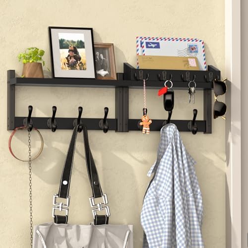 29'' Black Coat Rack Wall Mount with Shelf, Solid Wood Coat and Key Hanger with 11 Metal Hooks, Farmhouse Wall Organizer for Mail, Entryway Wall Hangers for Hats, Clothes, Backpacks, Mudroom by Unknown