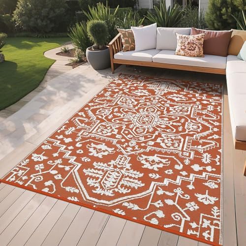 Outdoor Rugs 9x12 for Patios Boho Large Outdoor Rug Plastic Carpet RV Mat Carpet for Patio, Outside Entry, Backyard, Deck, Bench, Picnic, Camper，Orange - Image 2