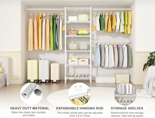 Ulif M5 Wall Mounted Clothes Garment Rack, Heavy Duty Closet Storage and Organizer with 6 Shelves and 3 Expandable Hanger Rods, Space Saver Suit (46.2-102.4)" W x 14" D x 83.1" H, White - Image 4