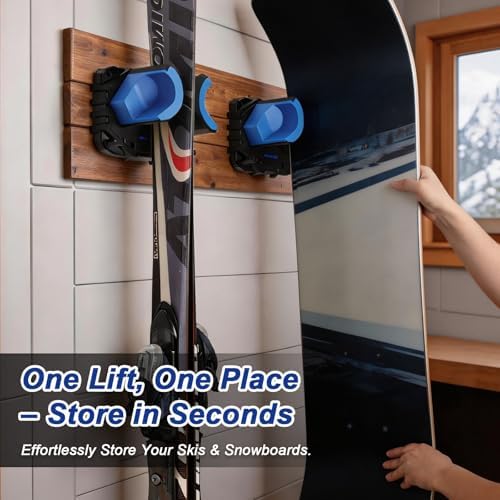 Ski & Snowboard Wall Mount, Fits Most Skis & Snowboards, Anti-Scratch & Non-Slip, Secure Hold Up to 25 lbs, Easy Install, Ski Holder with Pole Hooks, Space-Saving Garage Storage Ski Hanger, 6 Pack - Image 2