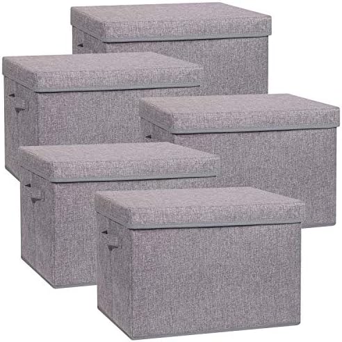 TENABORT 5 Pack Large Foldable Storage Box with Lids Fabric Storage Cube Organizer Cloth Containers Bins Baskets for Closet Clothes Clothing Bed Room by TENABORT