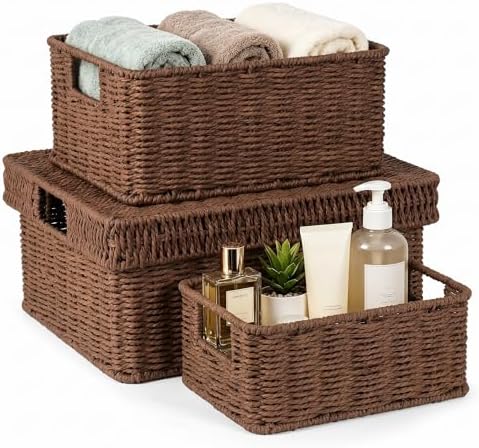 Wicker Storage Basket with Lid for Shelves, 3-Basket Set, Dark Brown by GANLUX