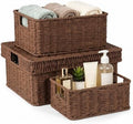 Wicker Storage Basket with Lid for Shelves, 3-Basket Set, Dark Brown by GANLUX