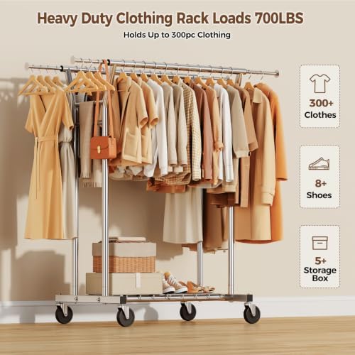 HYSEYY Heavy Duty Clothes Rack, Rolling Clothing Rack for Hanging Clothes with Shelves Load 700LBS,Portable Garment Wardrobe Closet Rack with Wheels for Bedroom,Laundry Room,Retail Store,Silver - Image 2