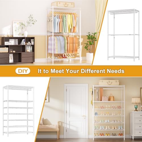 Ulif E13 Max Heavy Duty Clothes Rack（With 4 Hanger Rods & 8 Shelves） Freestanding Clothing Racks for Hanging Clothes，Adjustable Closet，Metal Garment Rack 86" W x16 D x77 H，Max Load 1100LBS，White - Image 5