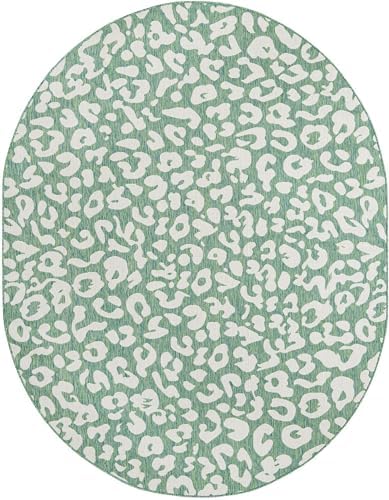 Unique Loom Outdoor Safari Collection Area Rug - Leopard (7' 10" x 10' Oval Green Blue/Ivory) - Image 2