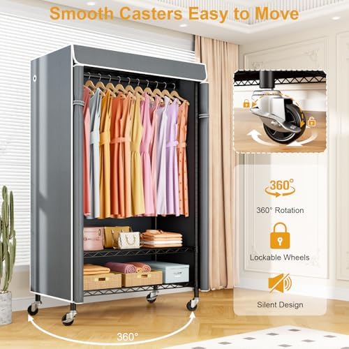 ULIFHOME P6C Rolling Clothes Rack with Cover, 3-Tier Covered Clothing Rack - Image 4