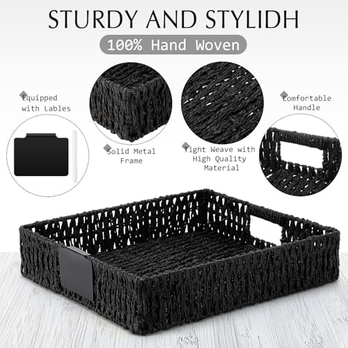 Marsui 9 Pcs Paper Rope Storage Baskets with Handle Labels Handwoven Multi-size Black Storage Bins for Organizing Small Baskets Container for Shelves Closet Pantry Toilet - Image 3