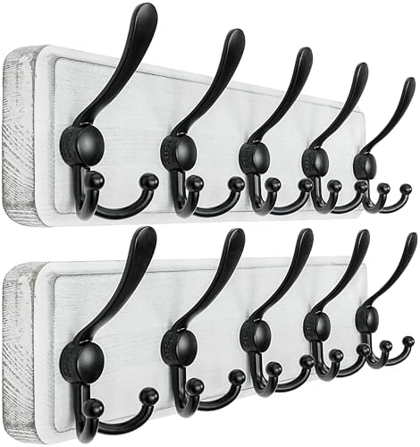 Dseap Coat Rack Wall Mounted - 5 Tri Hooks, Heavy Duty, Wooden Wall Coat Hanger Coat Hook for Clothes Hat Jacket Clothing, White & Black, Pack of 2 by Dseap