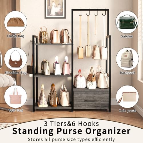 3-Tier Wooden Purse Display with Large Drawer & 6 Hooks - Image 4