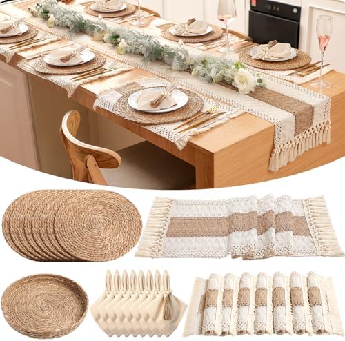 8 Sets Boho Placemat Table Runner Napkin Rings, Khaki, 12x108 by Gandeer