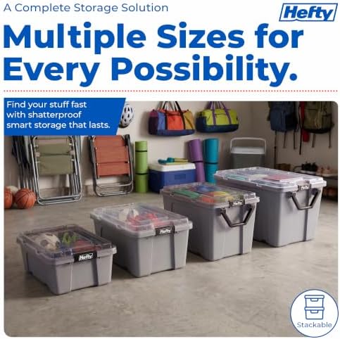 Hefty 12 Gallon Storage Bin with Clear Lid, Heavy Duty Plastic Storage Container Stackable Tote for Garage Closet Home Organization, Medium Storage Bin, 6 Pack, Grey - Image 6