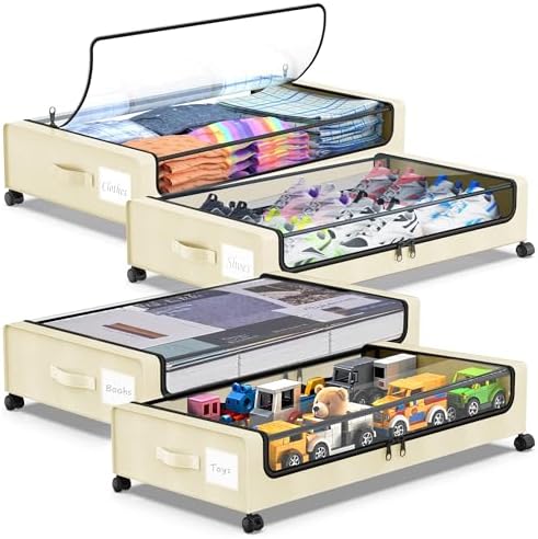 Molutsody Under Bed Storage with Wheels, 4-Pack UnderBed Storage Containers with Clear Lids, Under Bed Shoe Storage Organizer, Rolling Under Bed Storage for Clothes Shoes Blankets (Beige) by Molutsody
