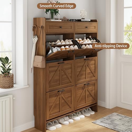 Shoe Cabinet with 6 Flip Drawers & 2 Top Drawers, 57" Tall Freestanding Narrow Wooden Shoe Storage Organizer for Entryway, Hidden Slim Shoe Rack for Front Door Entrance, Hallway, Living Room, Walnut - Image 5