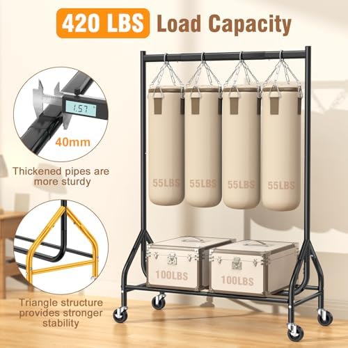 EAGMAK Heavy Duty Clothes Rack Load 420 LBS, Rolling Garment Rack with Lockable Wheels, Standing Metal Clothing Rack with Shelves, Portable Wardrobe Sturdy Coat Rack for Hanging Clothes (Black) - Image 2