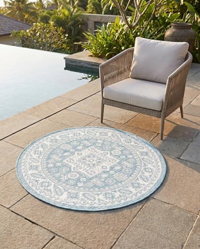 Rugs.com - Outdoor Aztec Rug – 3 Ft Round Aqua Indoor/Outdoor Rug – Washable & Stain-Resistant, Perfect for Patios, Decks, and Porches - Image 7