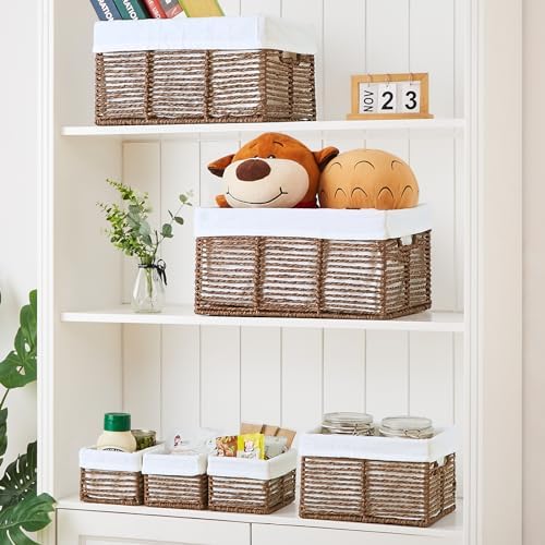 Vagusicc Wicker Storage Basket, 6 Pack Baskets for Organizing, Wicker Baskets with Handle, Rectangular Woven Basket for Storage Shelves, Cube Storage Bins for Closet/Clothes/Dresser, Brown - Image 5